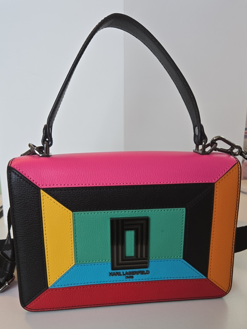 Karl Lagerfeld Pink Black Multicolor Geometric Crossbody Bag